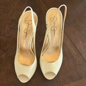 Jessica Simpson Ivory Patent Peep-Toe Slingback Heels
